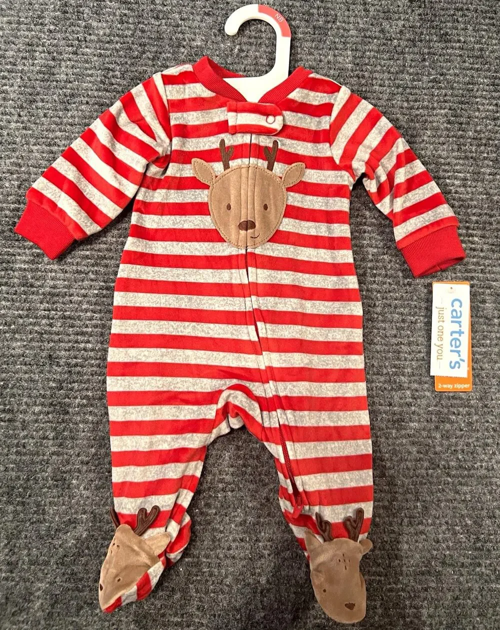 Carter's Newborn Red/Gray Fleece Footed Reindeer One-Piece Sleeper 2-Way Zip
